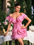 Dabney V Neck Ruffle Mini Dress In Pink