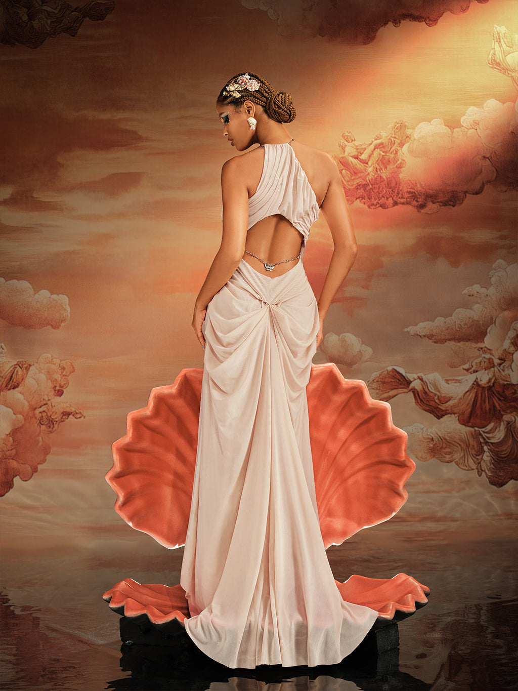 Daiki Halterneck Ruched Maxi Dress In Champagne