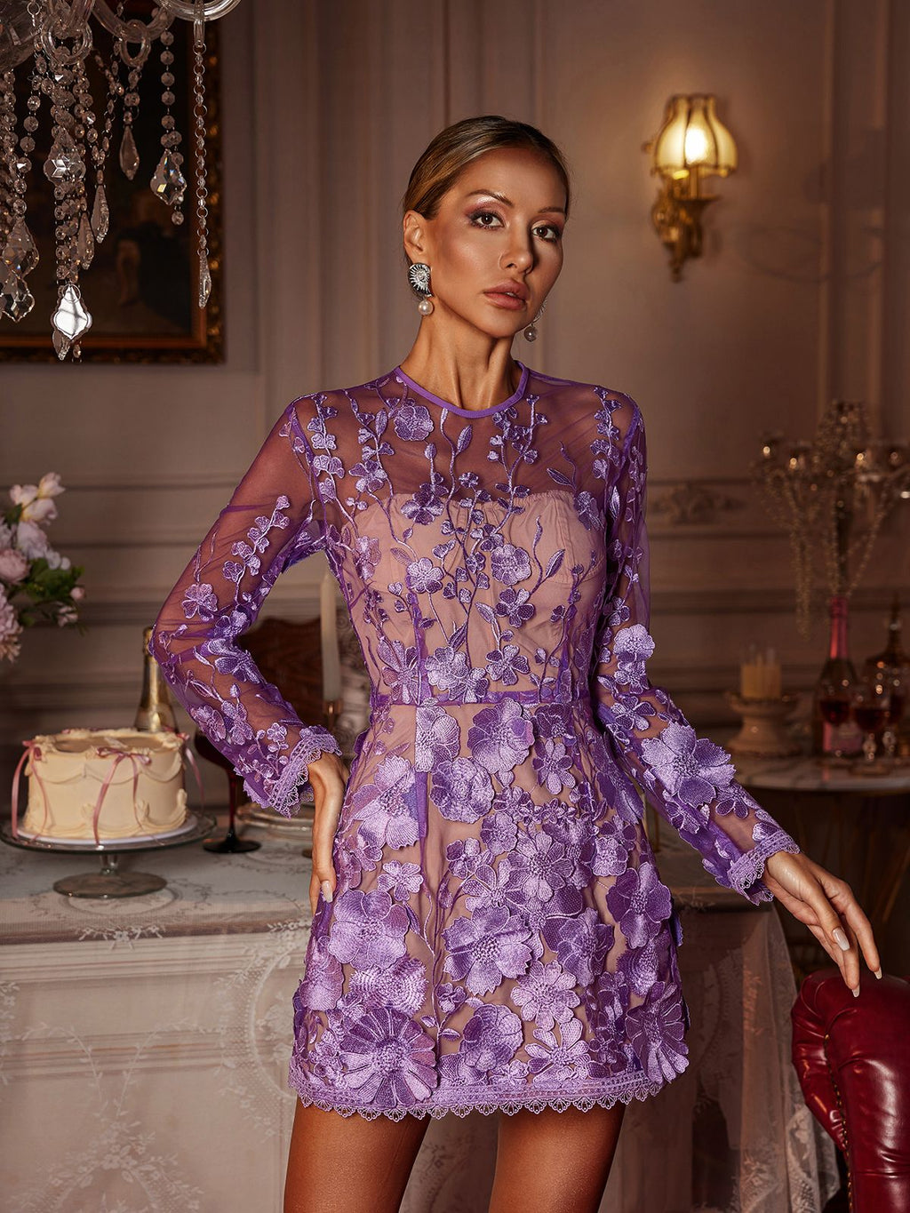 Dallan Long Sleeve Floral Embroidered Mini Dress
