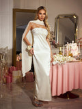 Dalyxen Cape Flower Sequin Satin Maxi Dress