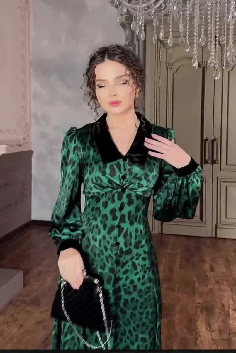 Dark Green Leopard Print Dress with Long Sleeves and Belted Waist - Sizes S to XXL