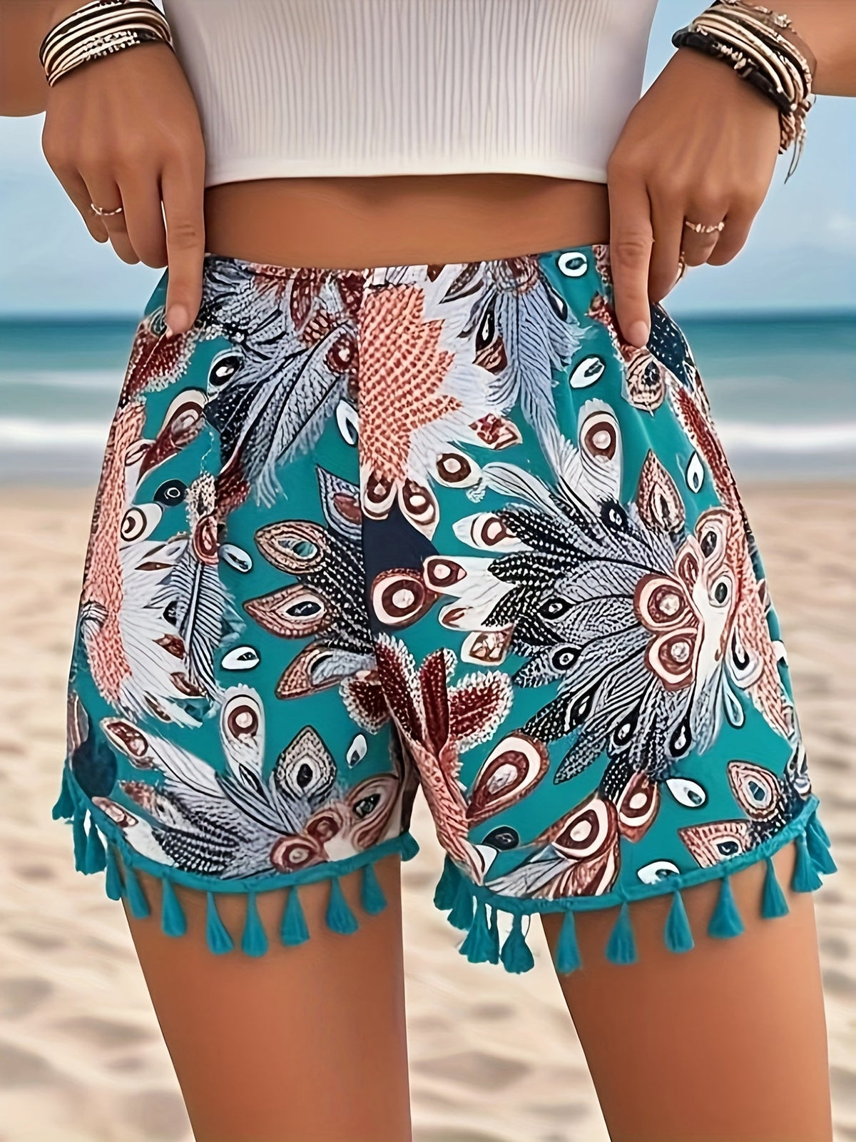 Plus Size Women's Bohemian Peacock Print Wide-Leg Shorts with Fringe Hem