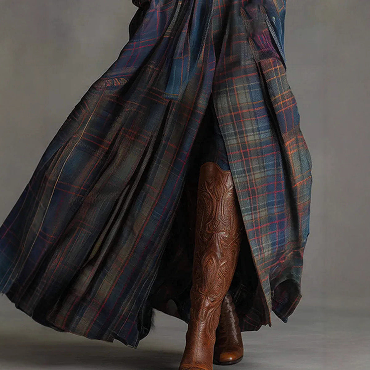 Denim-like Suede Patchwork Plaid Long-sleeve Dress