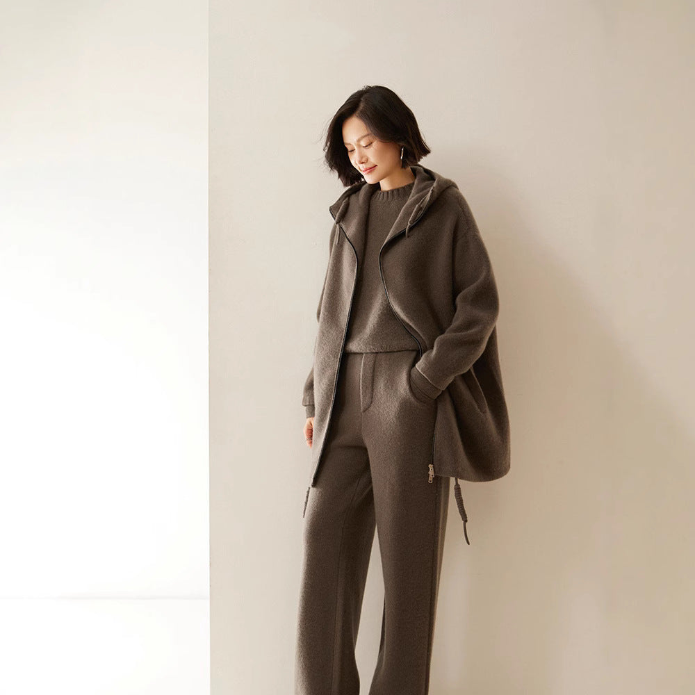 Thick, Draping Straight-leg Figure-flattering High-waisted Knitted Cashmere Wide-leg Pants For Women