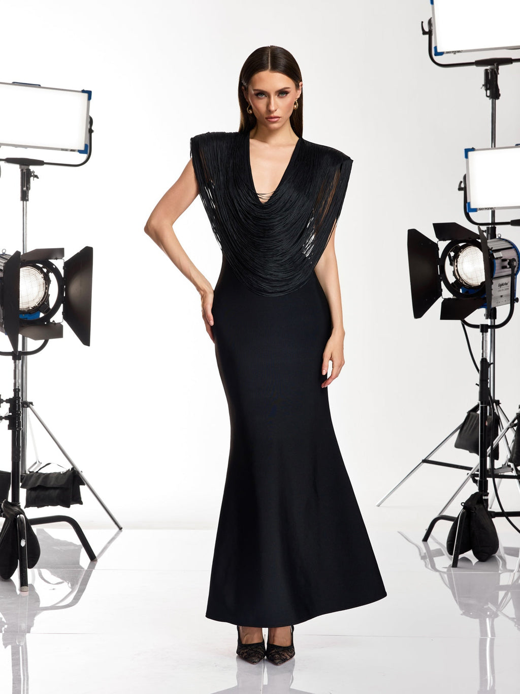 Delyxen V Neck Fringe Bandage Maxi Dress
