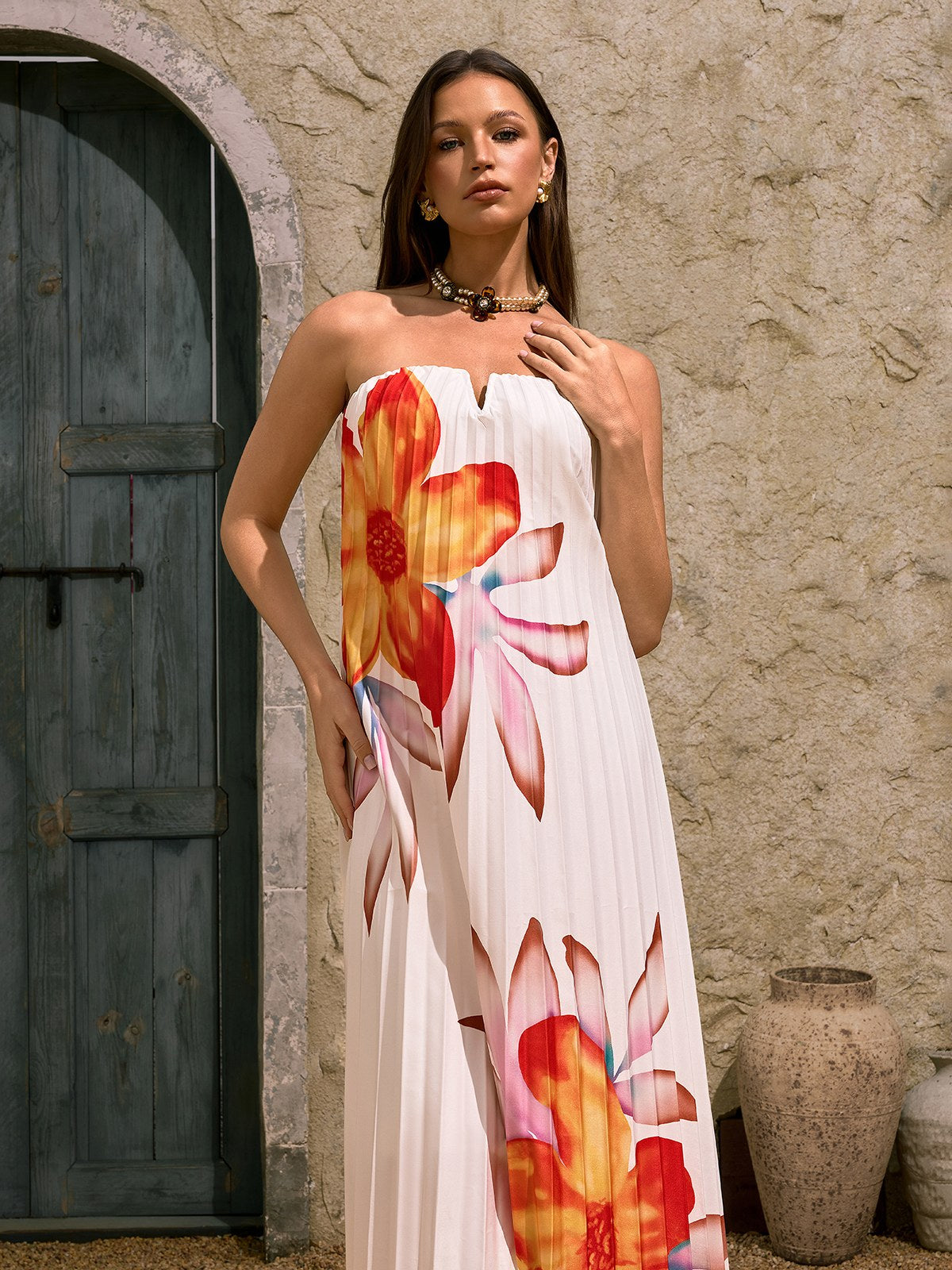 Devlin Strapless Floral Pleated Maxi Dress