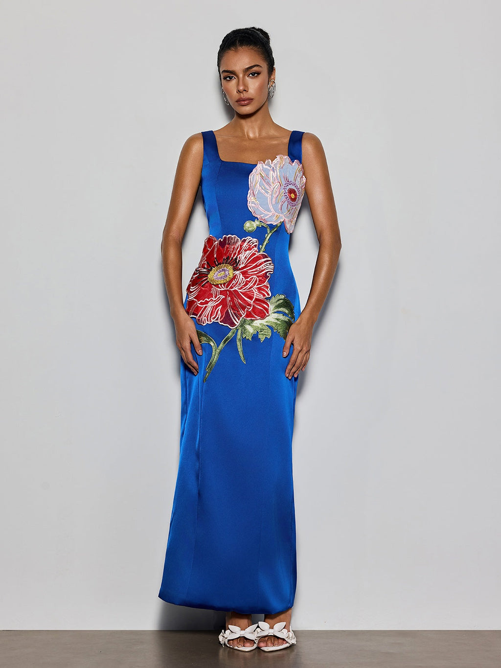 Doryqor Embroidered Flower Maxi Dress In Blue