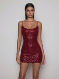 Draxely Spaghetti Sequin Pearl Mini Dress In Red