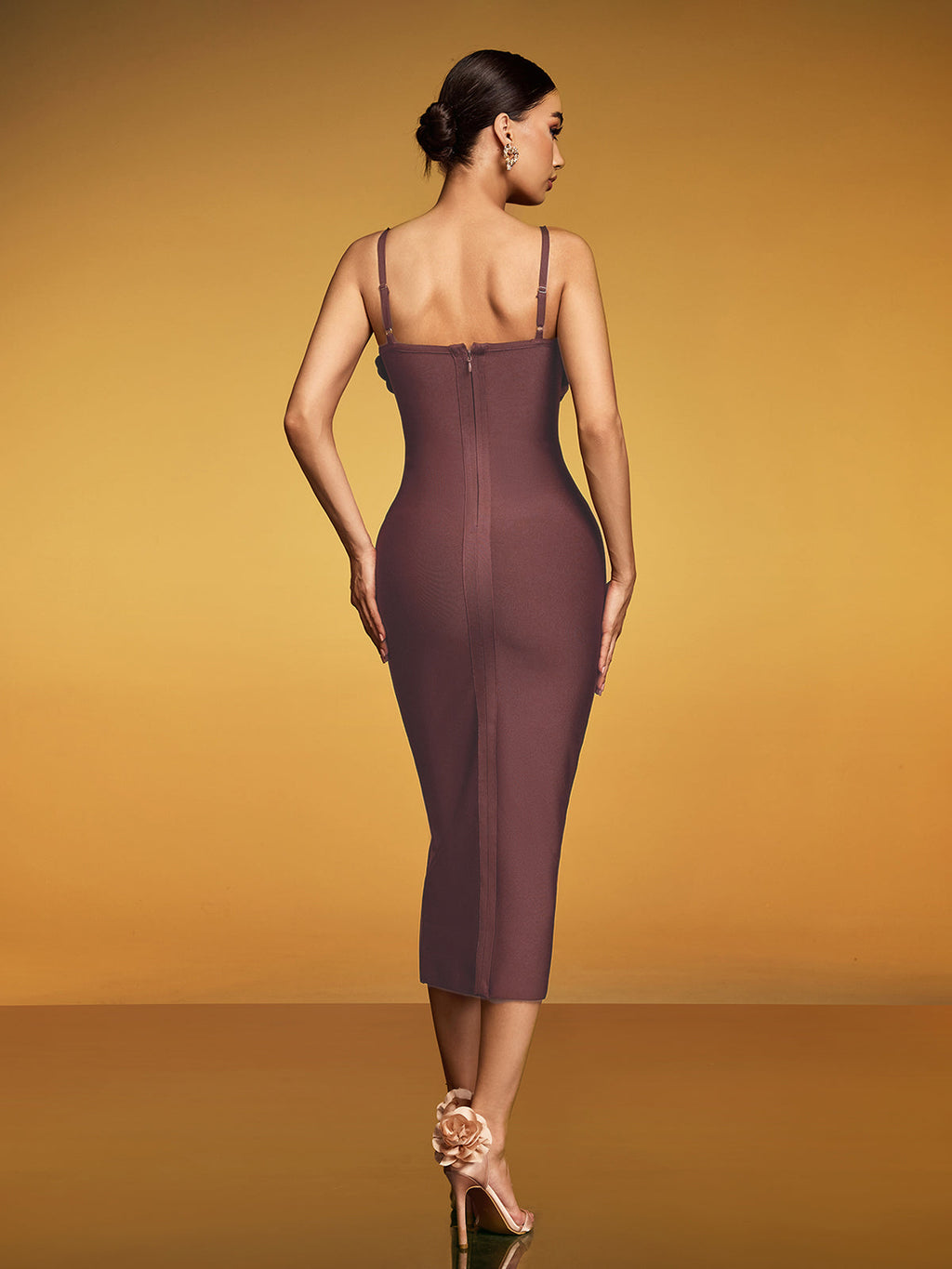 Drusite Spaghetti Flower Bandage Midi Dress