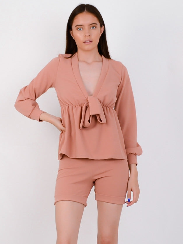 Plunge Neck Tie Knot Shorts & Top Co-ord