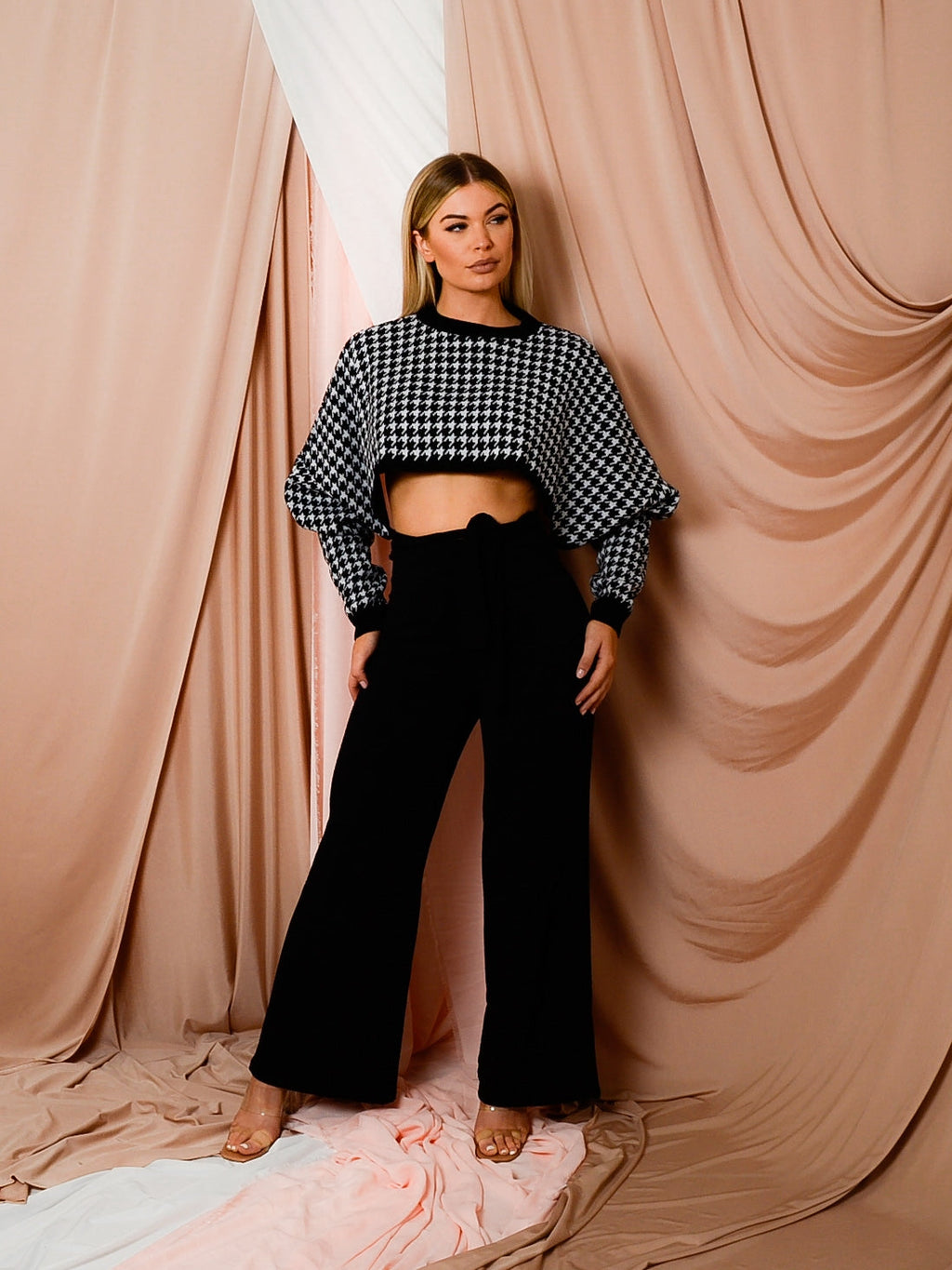 Olivia Hounds-Tooth Cropped Batwing Knitted Jumper