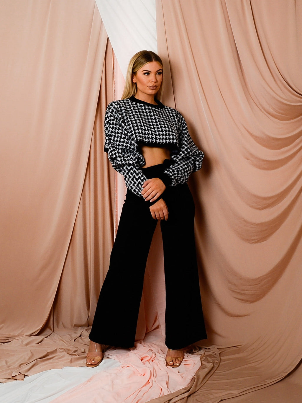 Olivia Hounds-Tooth Cropped Batwing Knitted Jumper