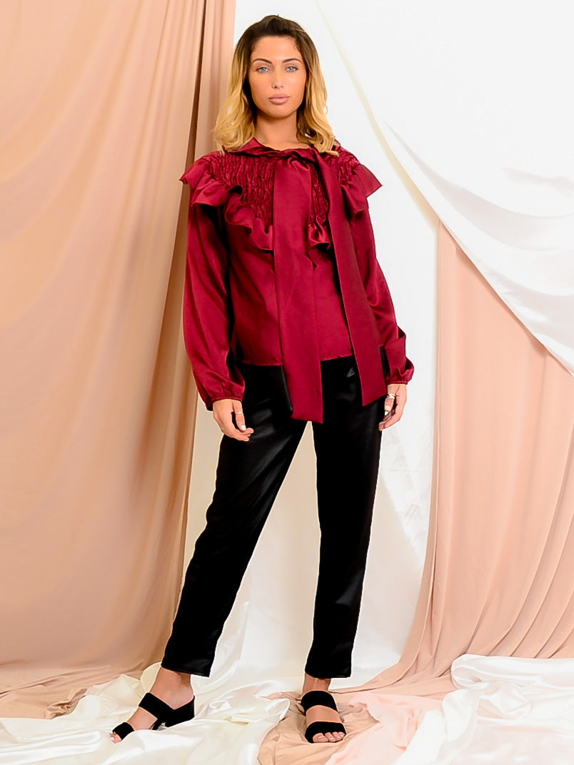 Satin Tie Knot Shirred Frill Top