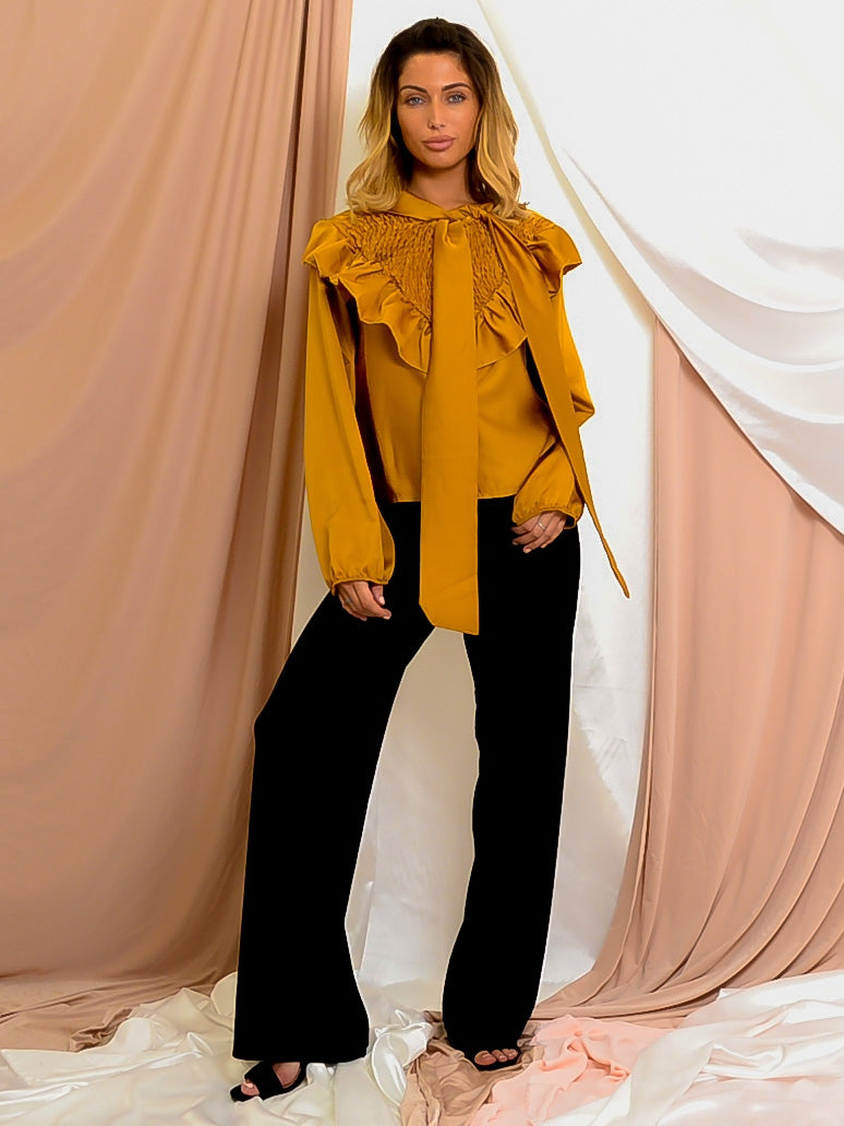 Satin Tie Knot Shirred Frill Top