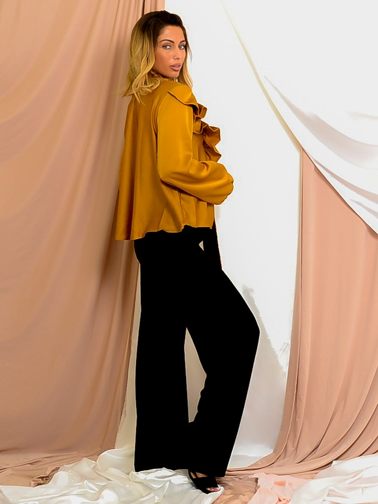Satin Tie Knot Shirred Frill Top