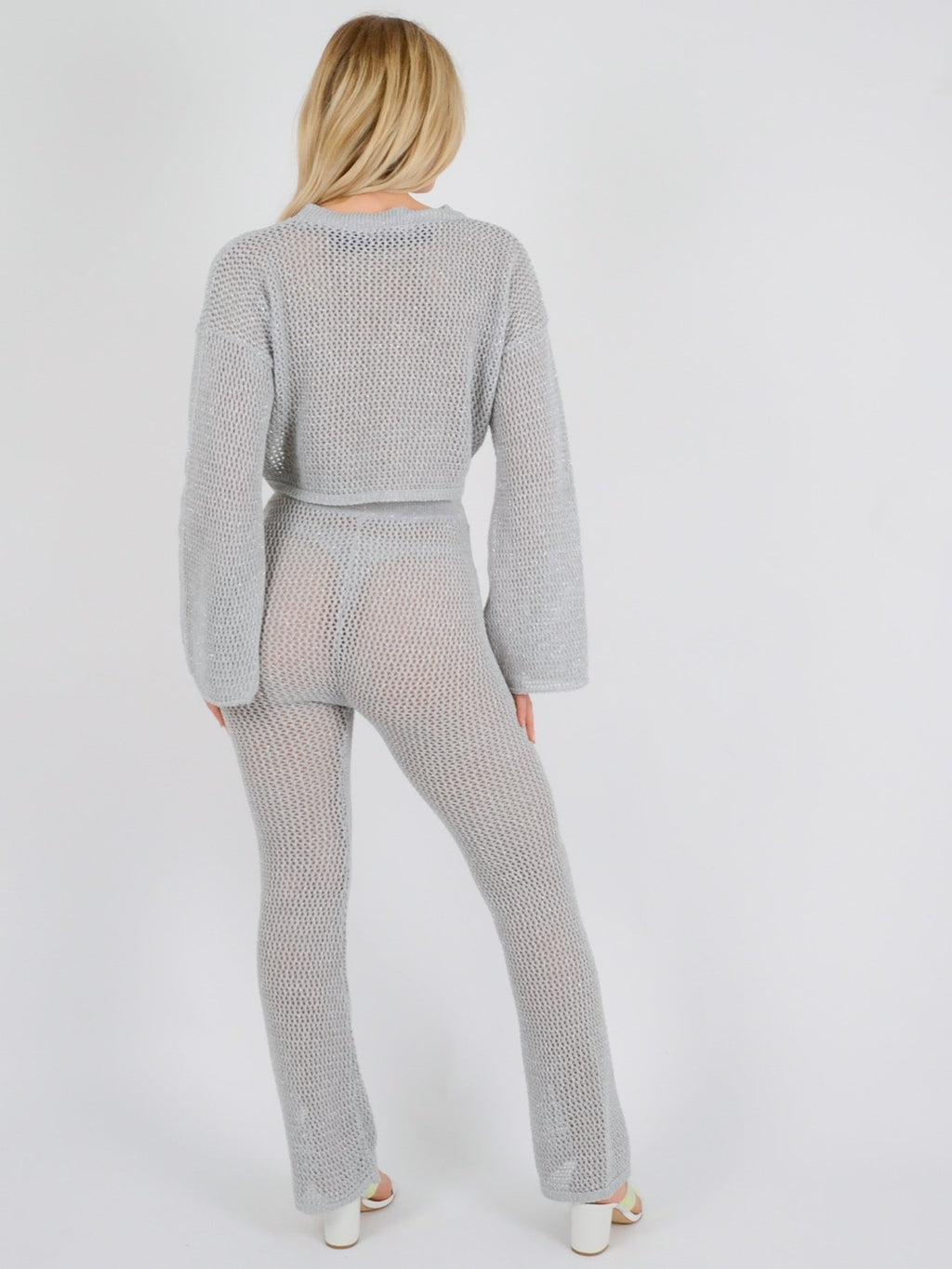 Lurex Knitted Crochet Split Sleeve Crop Top & Trouser Co-ord