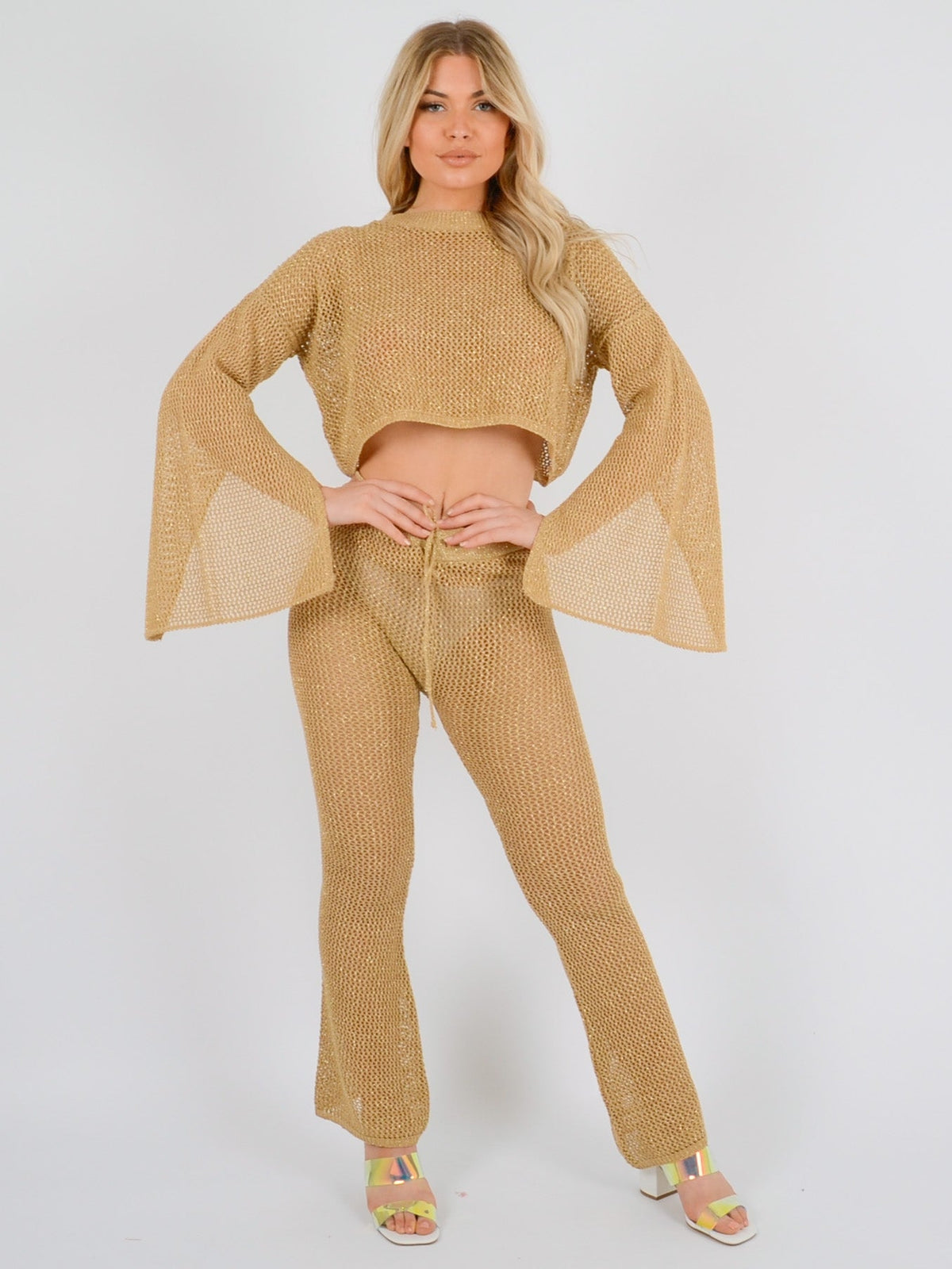 Lurex Knitted Crochet Split Sleeve Crop Top & Trouser Co-ord