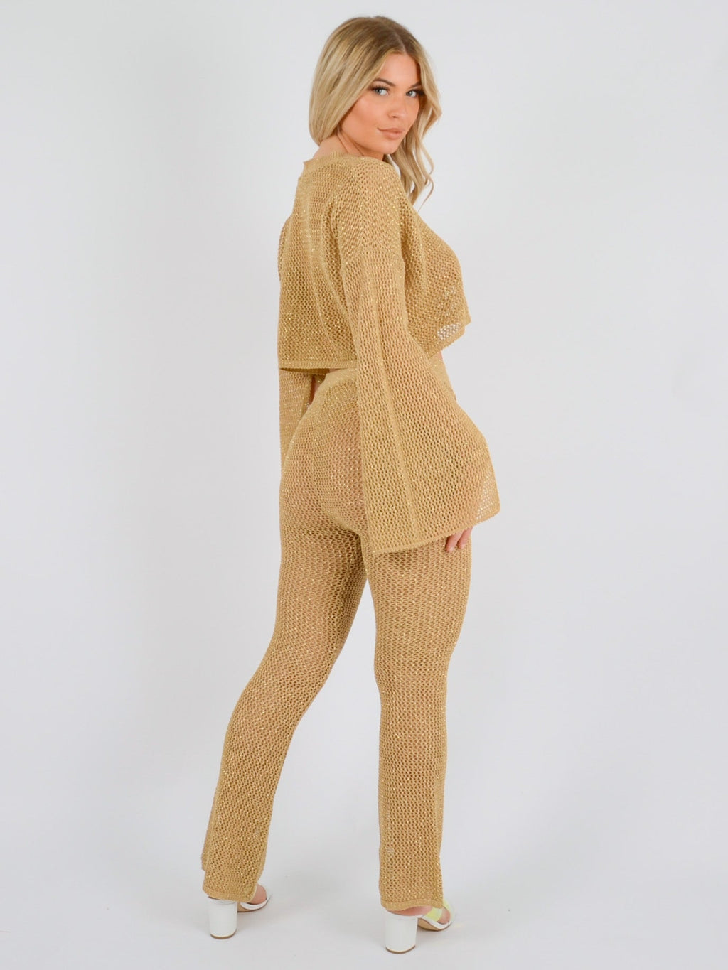 Lurex Knitted Crochet Split Sleeve Crop Top & Trouser Co-ord