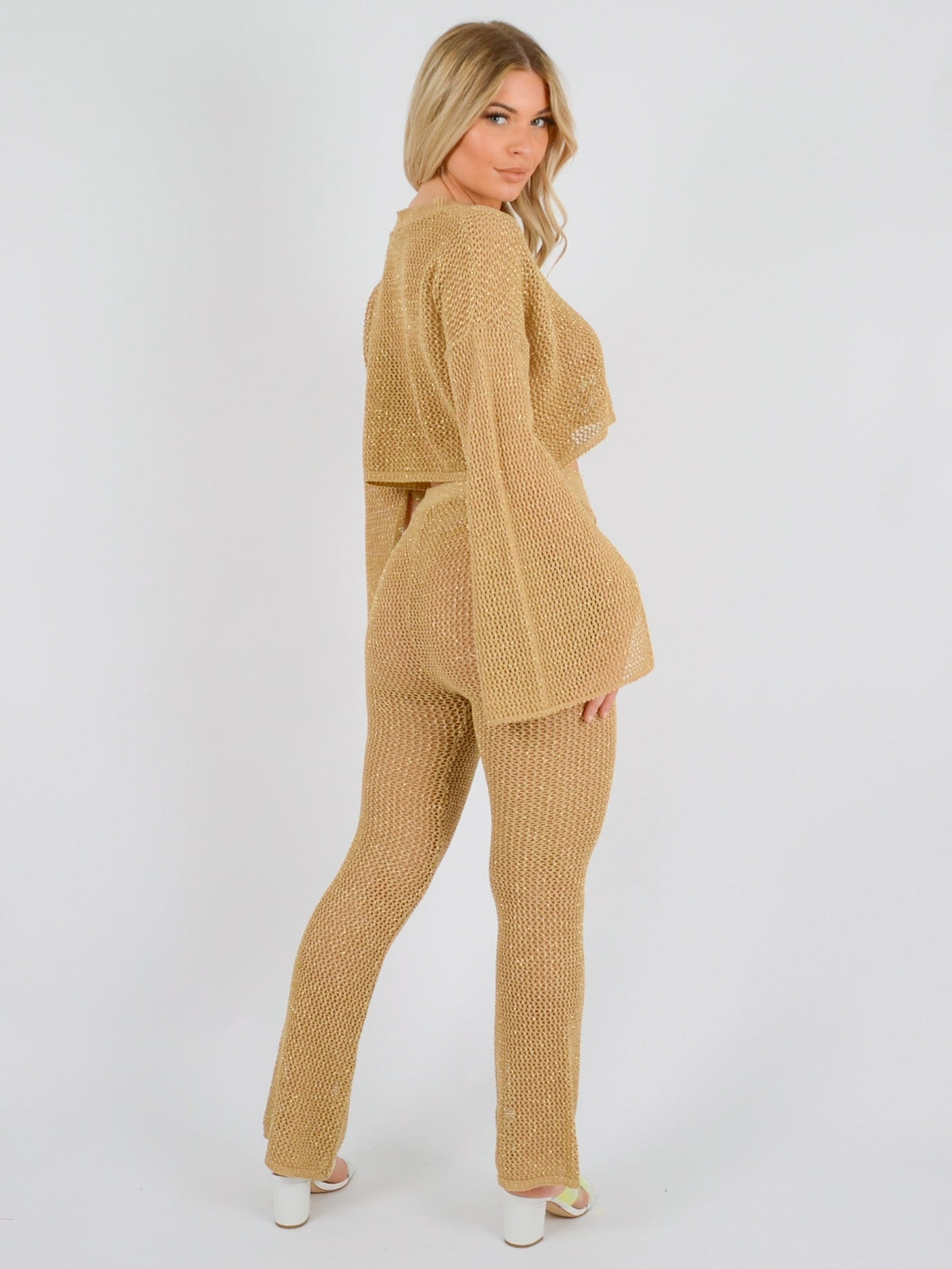 Lurex Knitted Crochet Split Sleeve Crop Top & Trouser Co-ord