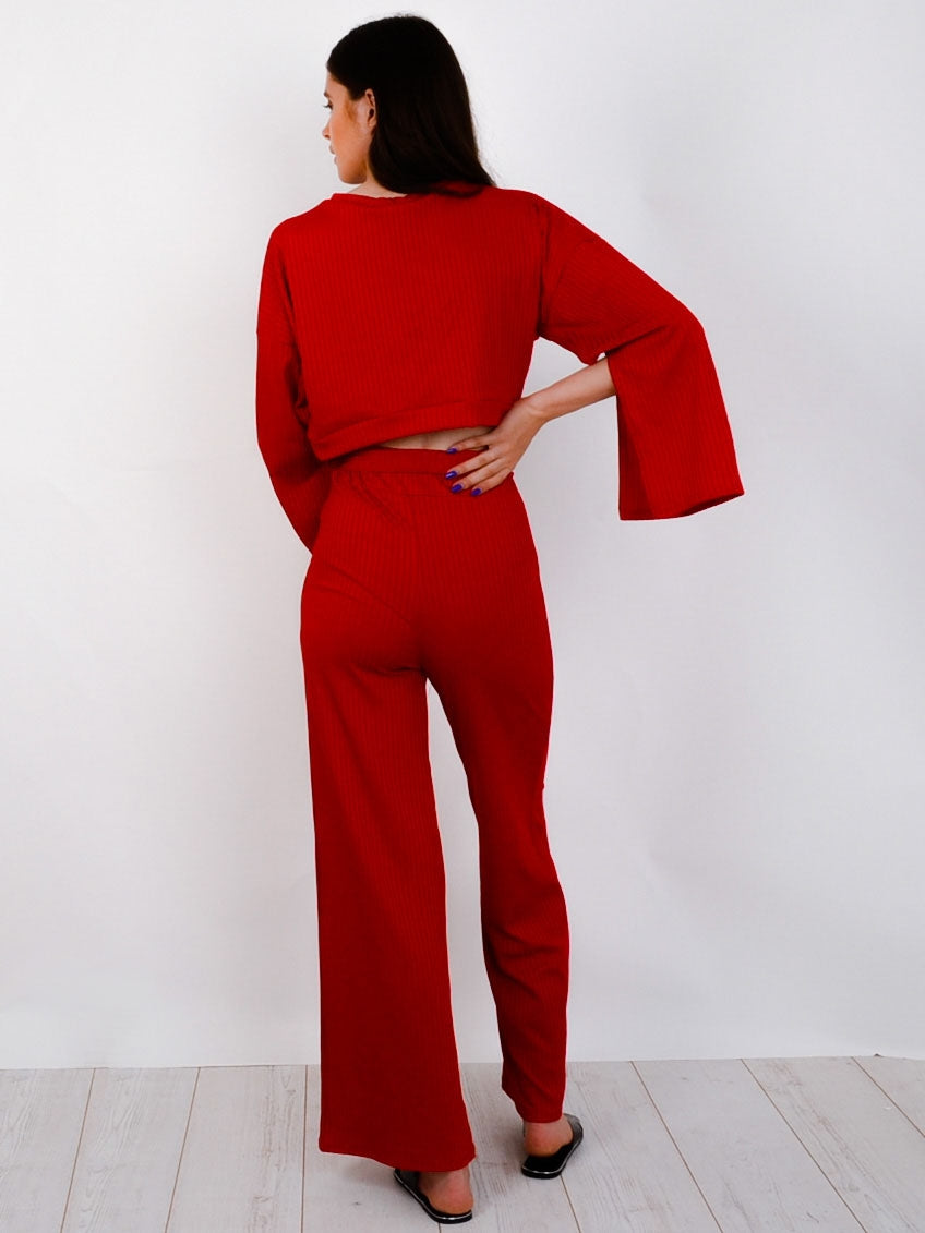 Split Sleeve Ribbed Crop Top & Trouser Co-ord