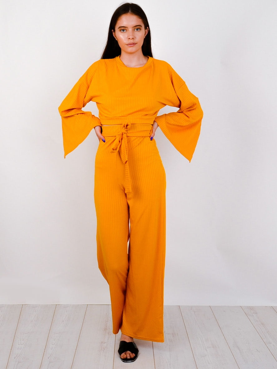 Split Sleeve Ribbed Crop Top & Trouser Co-ord