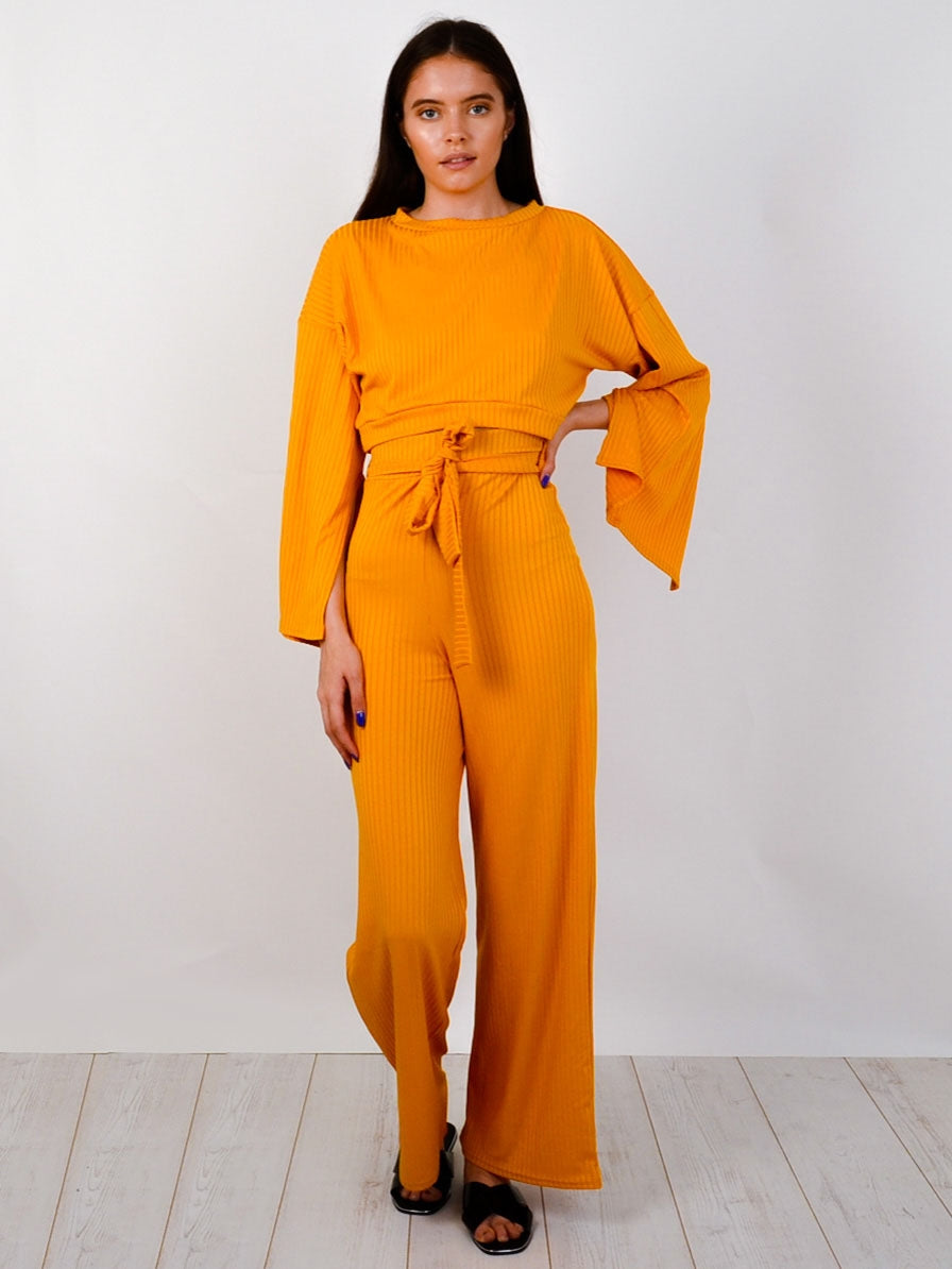 Split Sleeve Ribbed Crop Top & Trouser Co-ord