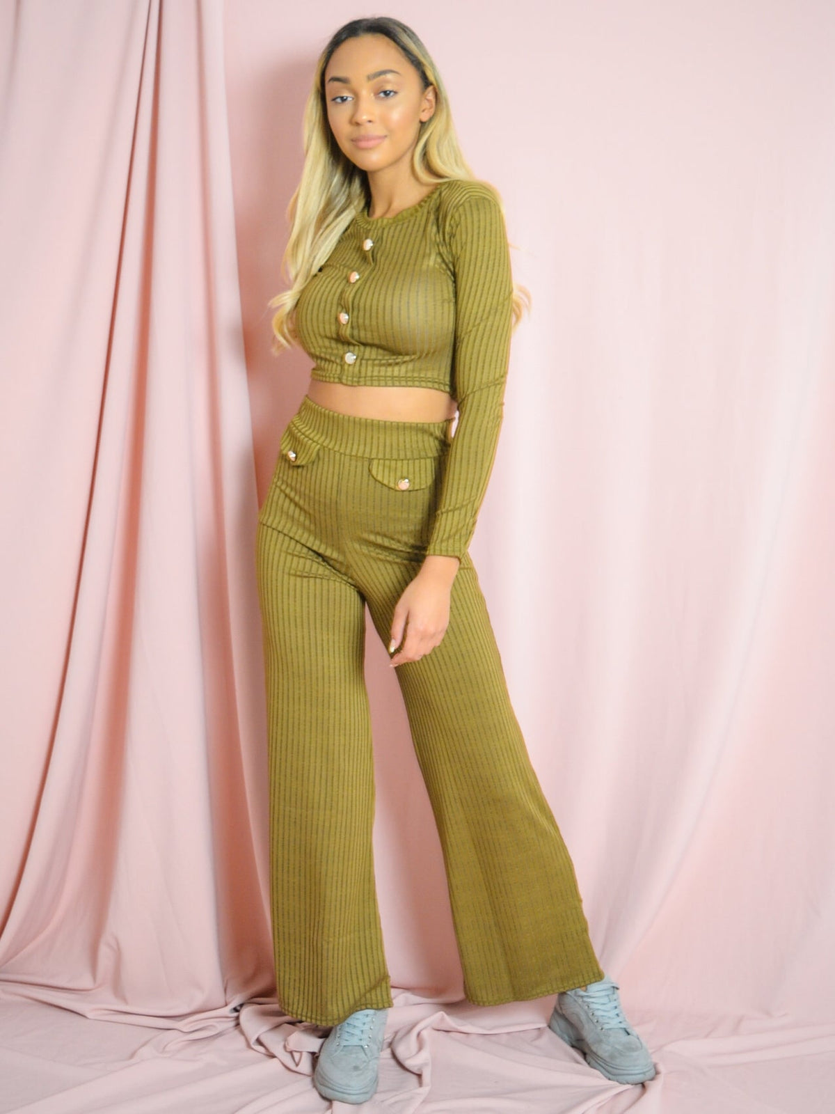 Button Detail Ribbed Melange Knit Co-ord