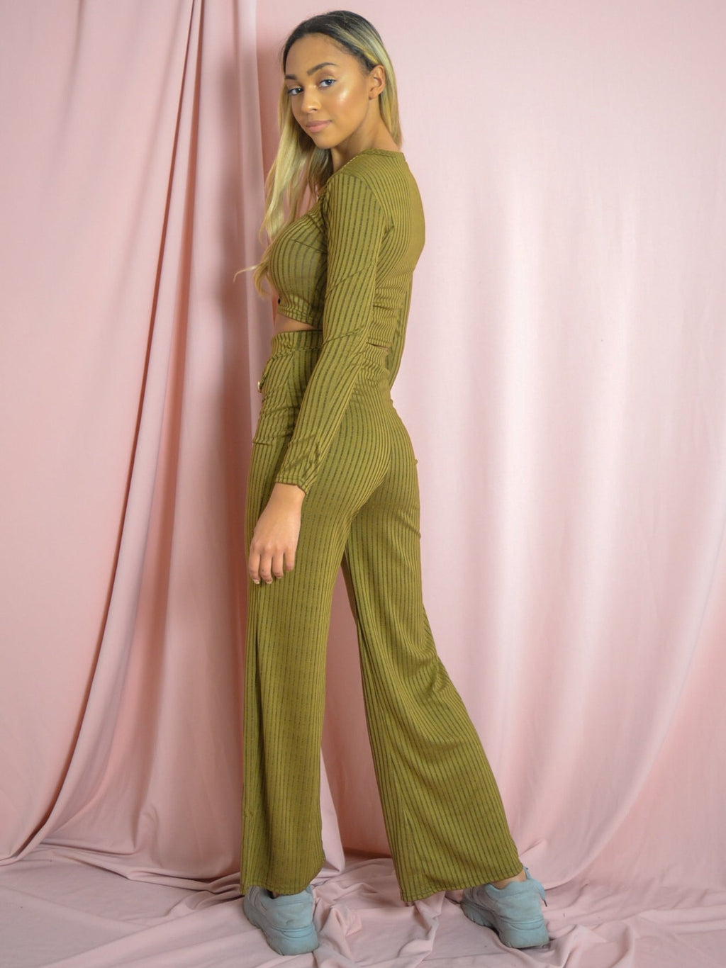 Button Detail Ribbed Melange Knit Co-ord