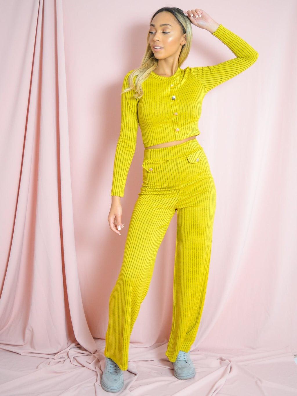 Button Detail Ribbed Melange Knit Co-ord