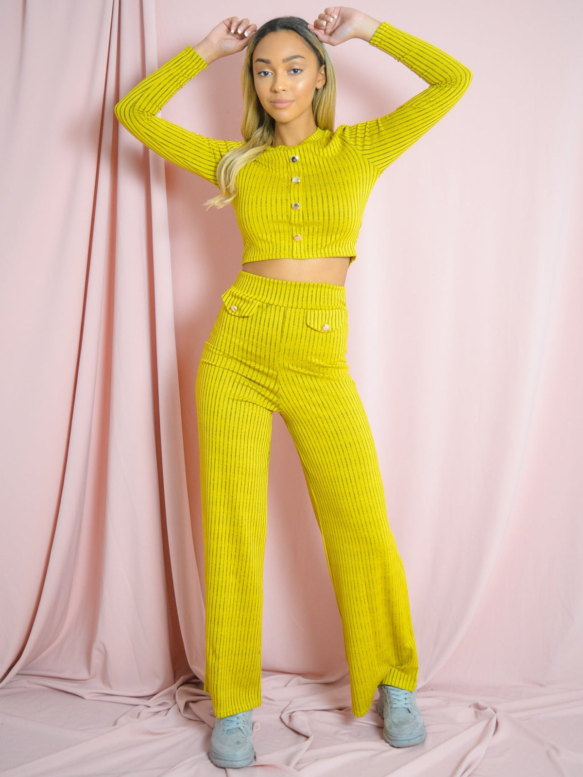 Button Detail Ribbed Melange Knit Co-ord