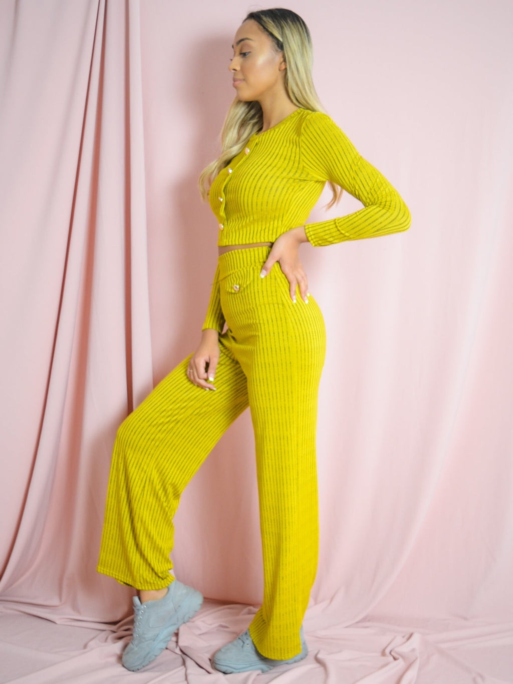 Button Detail Ribbed Melange Knit Co-ord