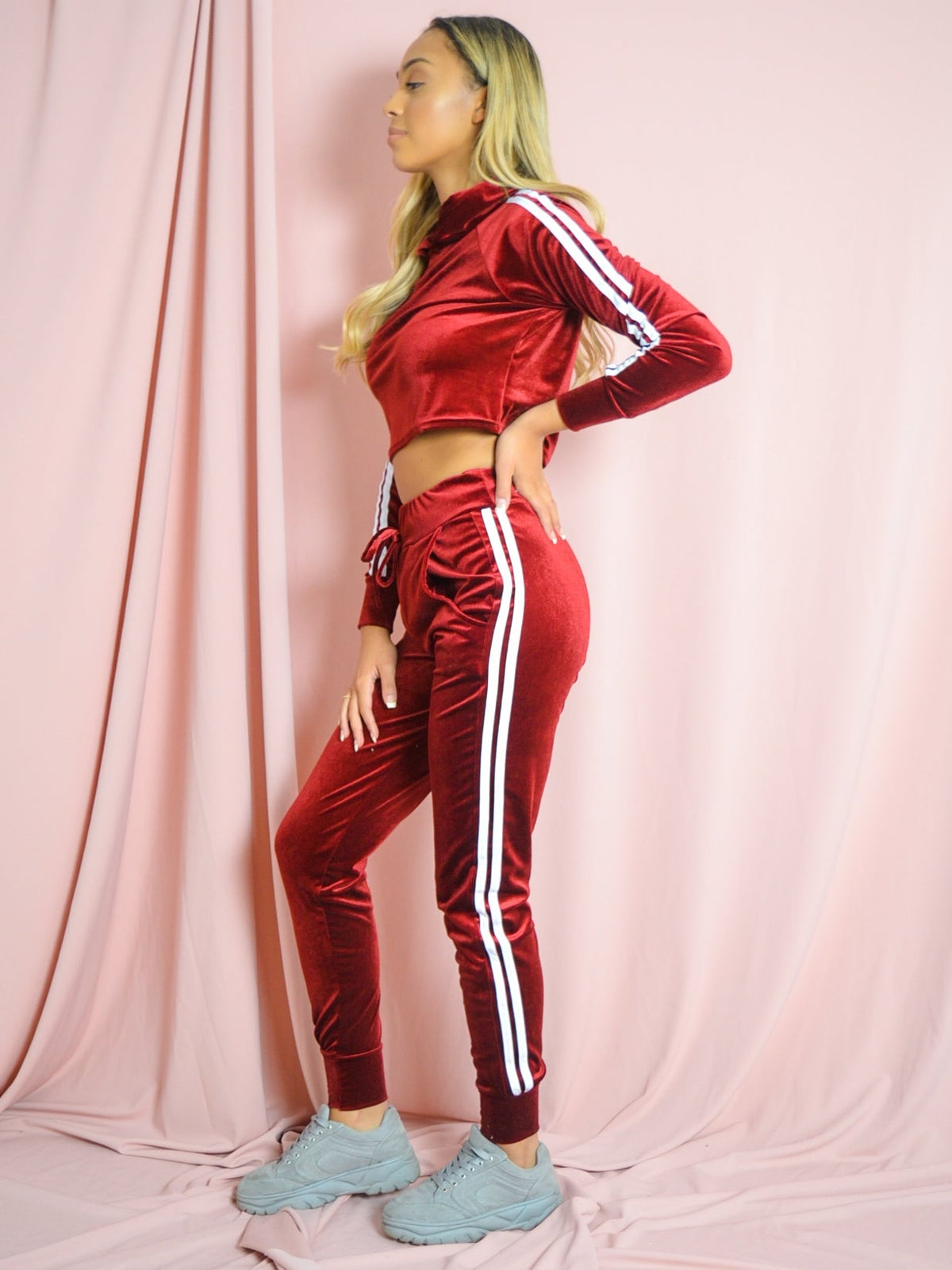 Velour Side Stripe Cropped Loungewear Set