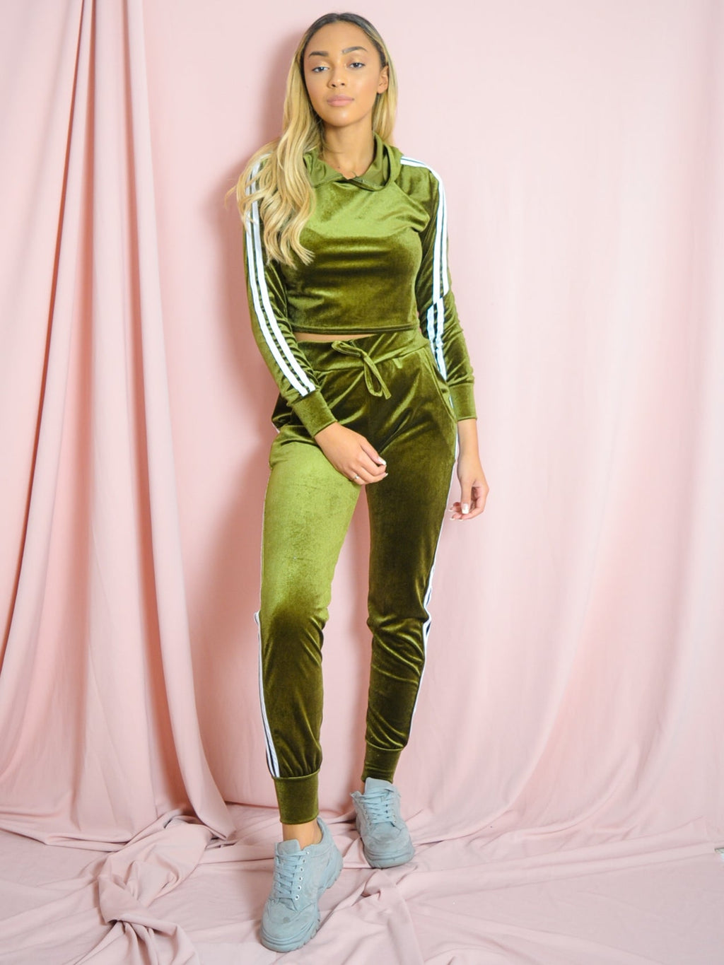 Velour Side Stripe Cropped Loungewear Set