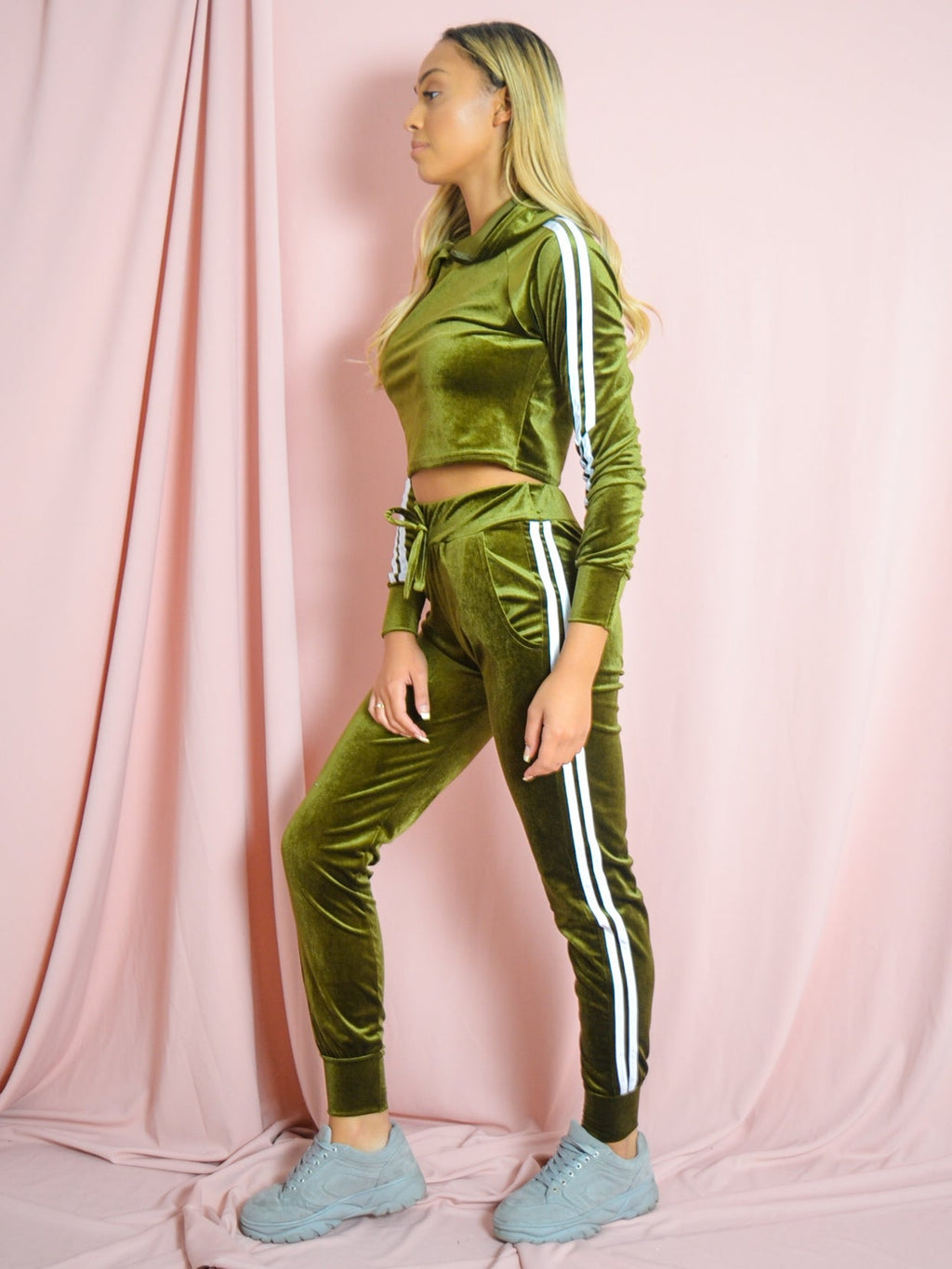 Velour Side Stripe Cropped Loungewear Set