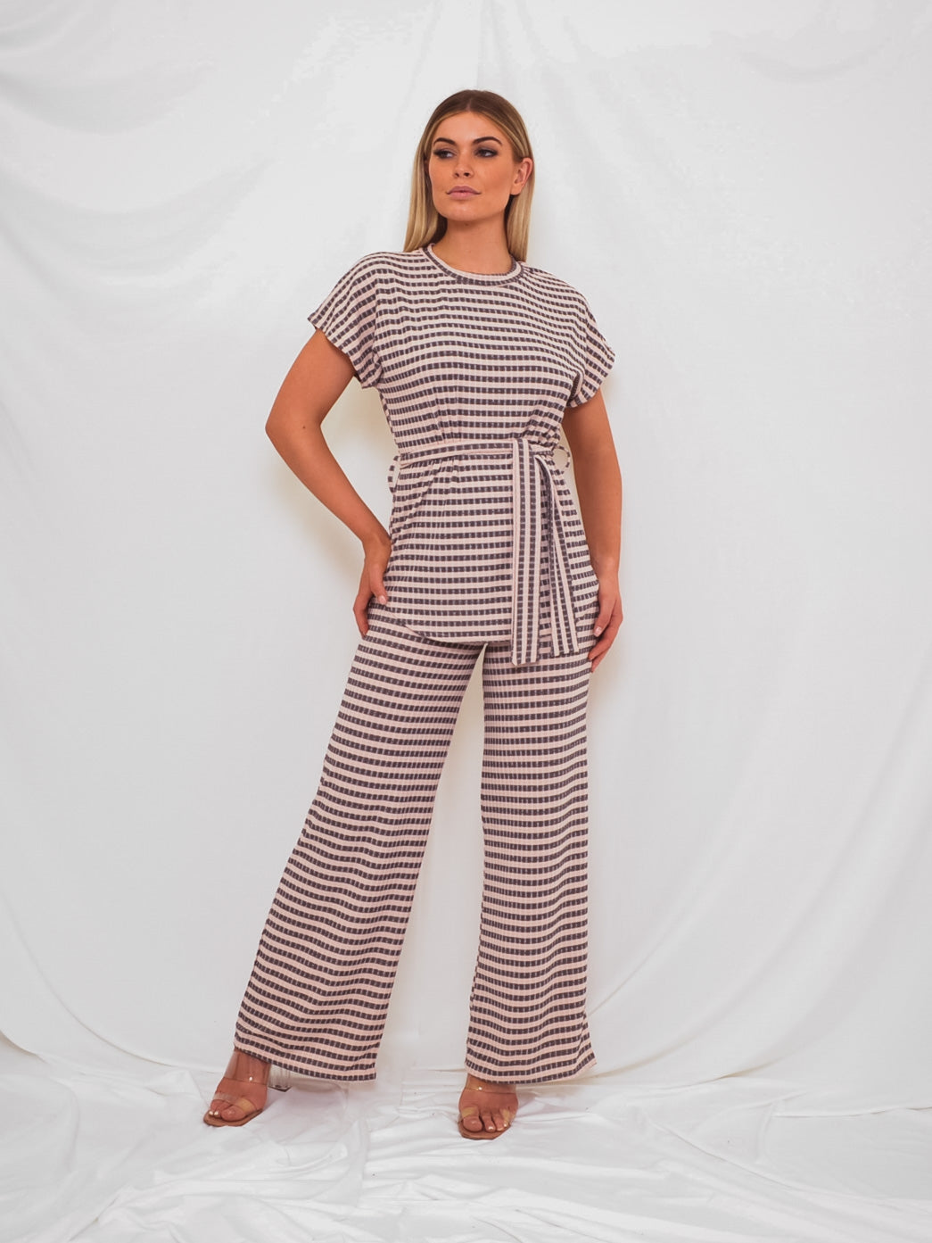Striped Ribbed Belted Top & Trouser Co-ord