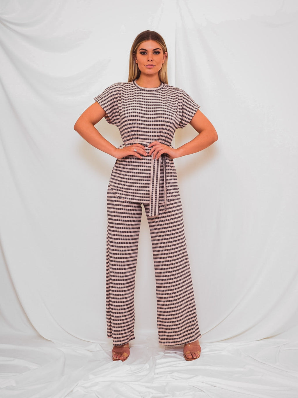 Striped Ribbed Belted Top & Trouser Co-ord