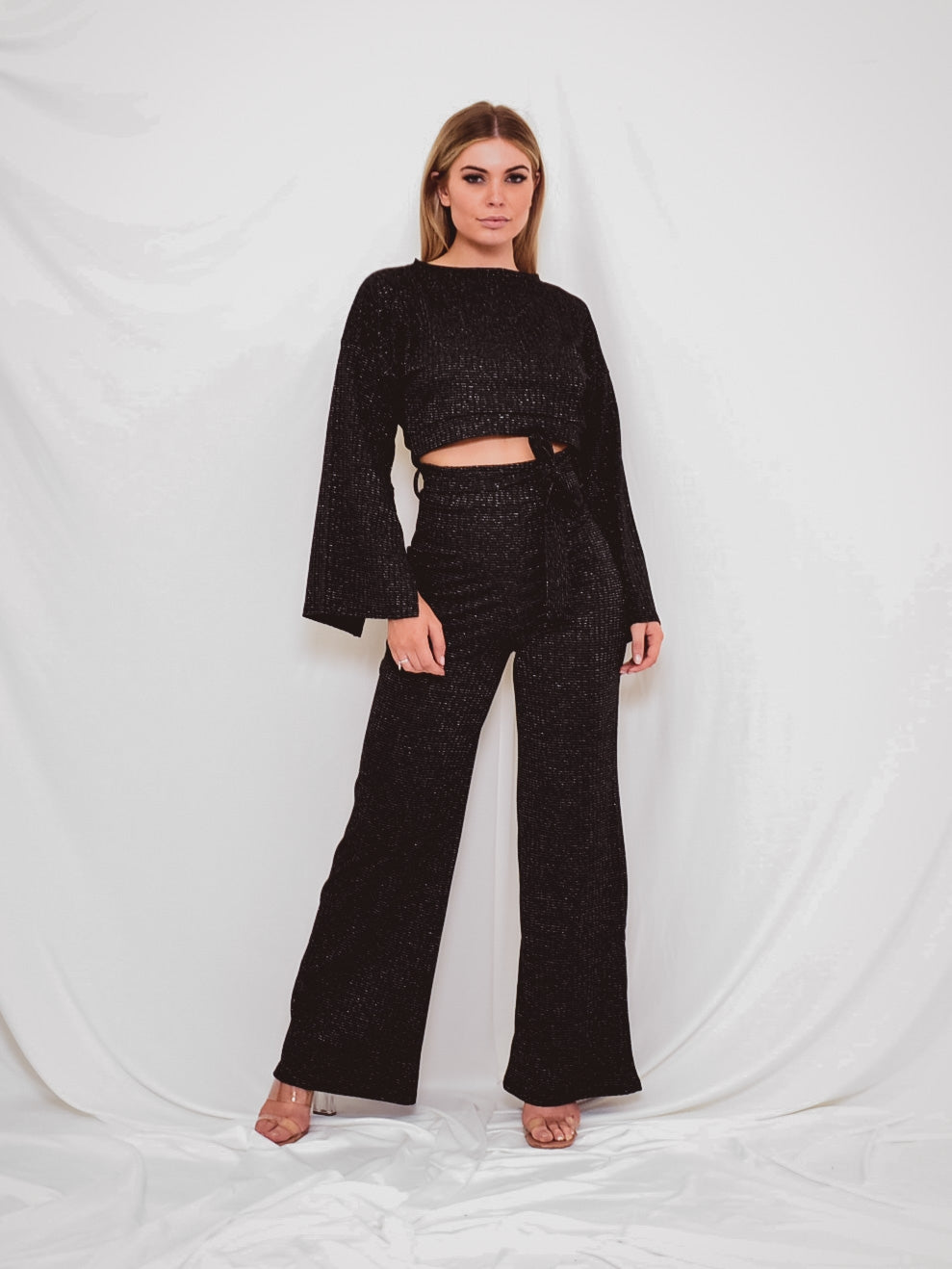 Lurex Split Sleeve Crop Top & Trouser Co-ord