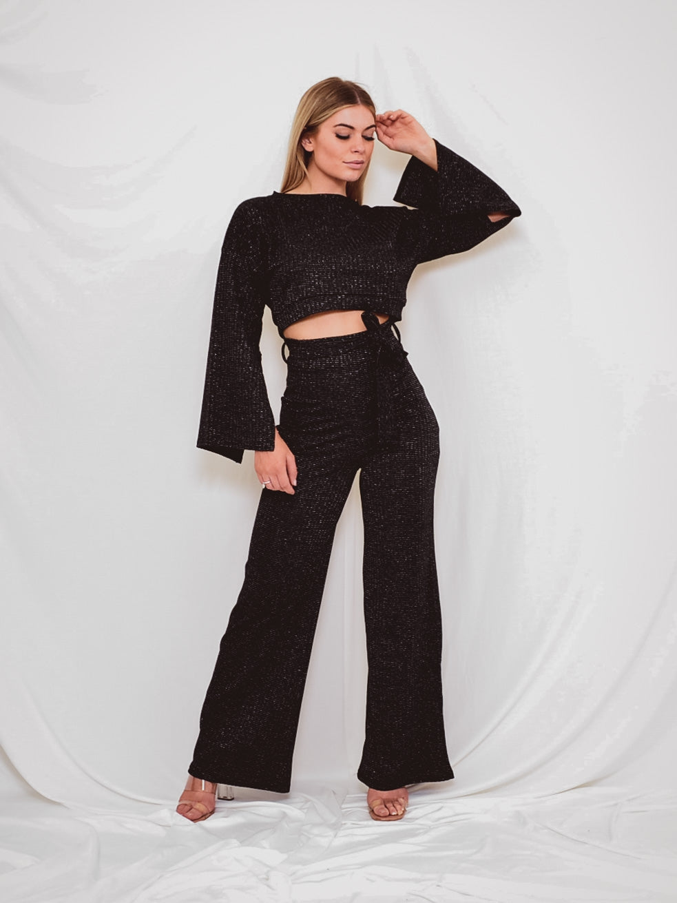 Lurex Split Sleeve Crop Top & Trouser Co-ord