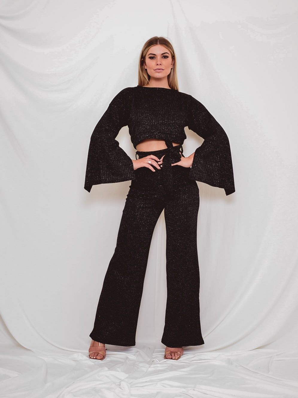 Lurex Split Sleeve Crop Top & Trouser Co-ord