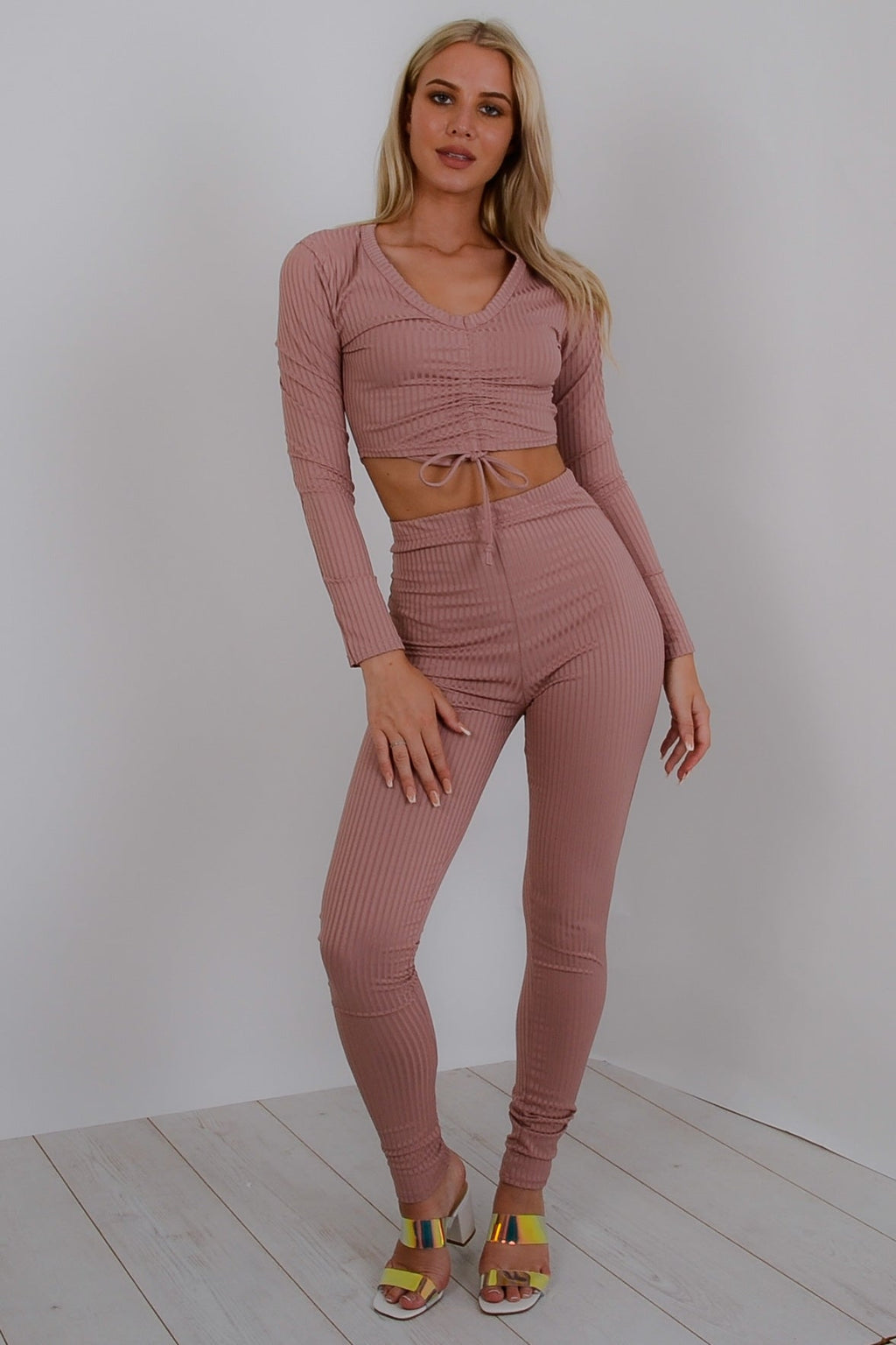 Ruched Crop Top & Legging Ribbed Co-ord