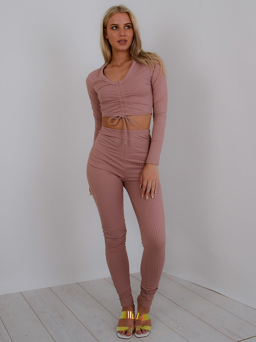 Ruched Crop Top & Legging Ribbed Co-ord