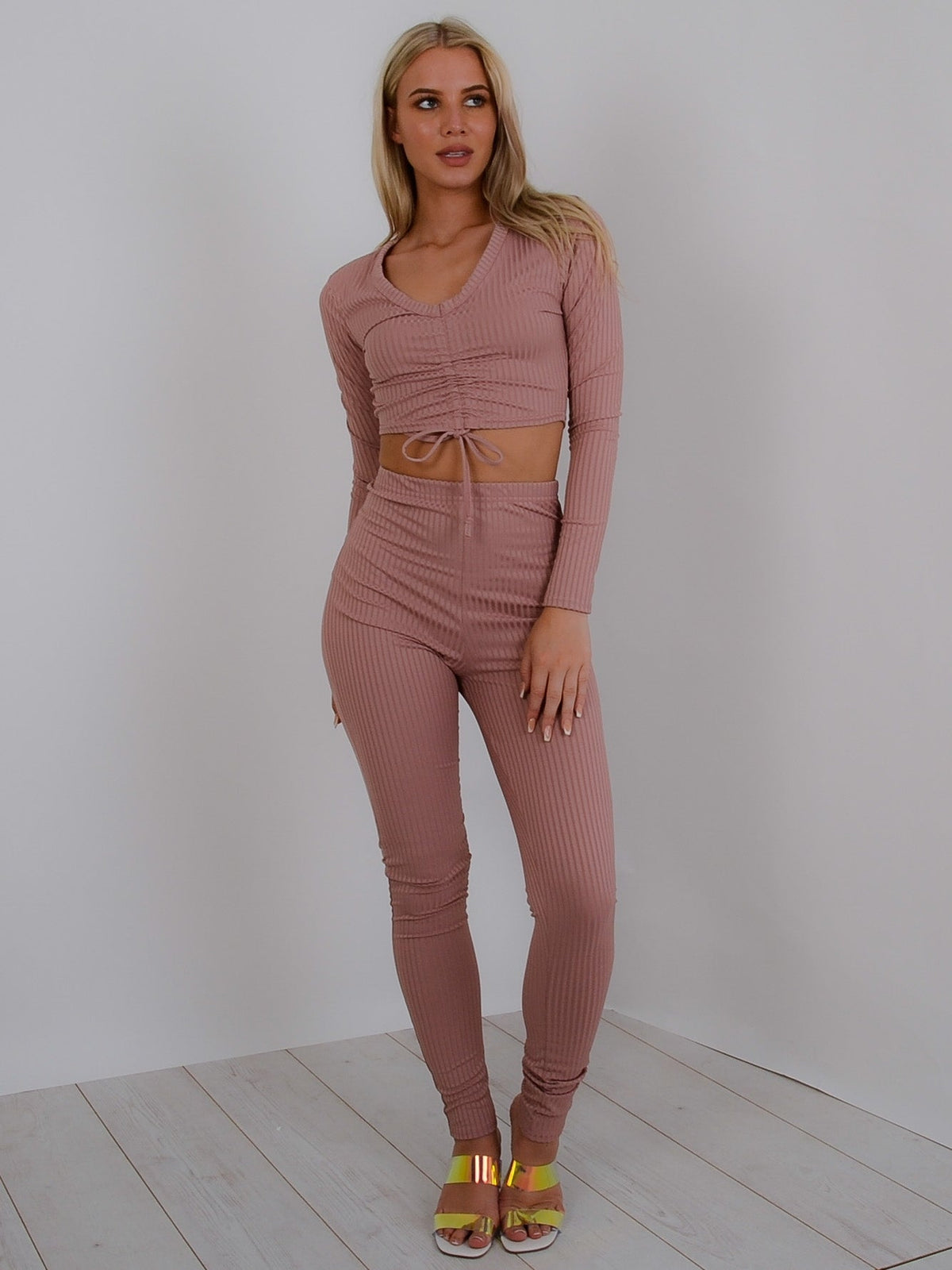 Ruched Crop Top & Legging Ribbed Co-ord