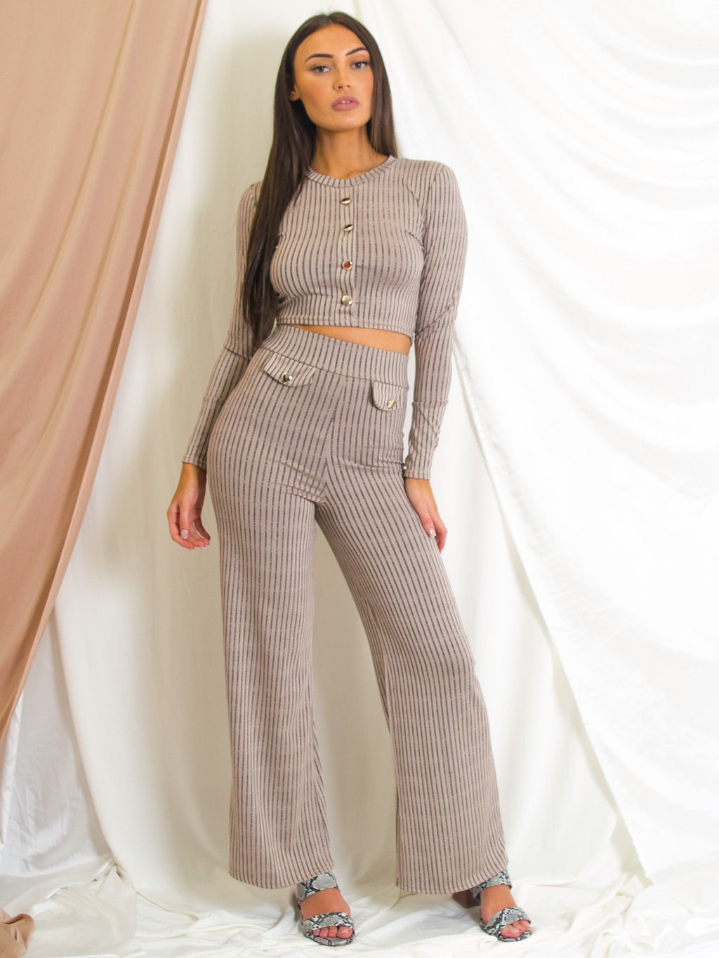 Button Detail Ribbed Melange Knit Co-ord