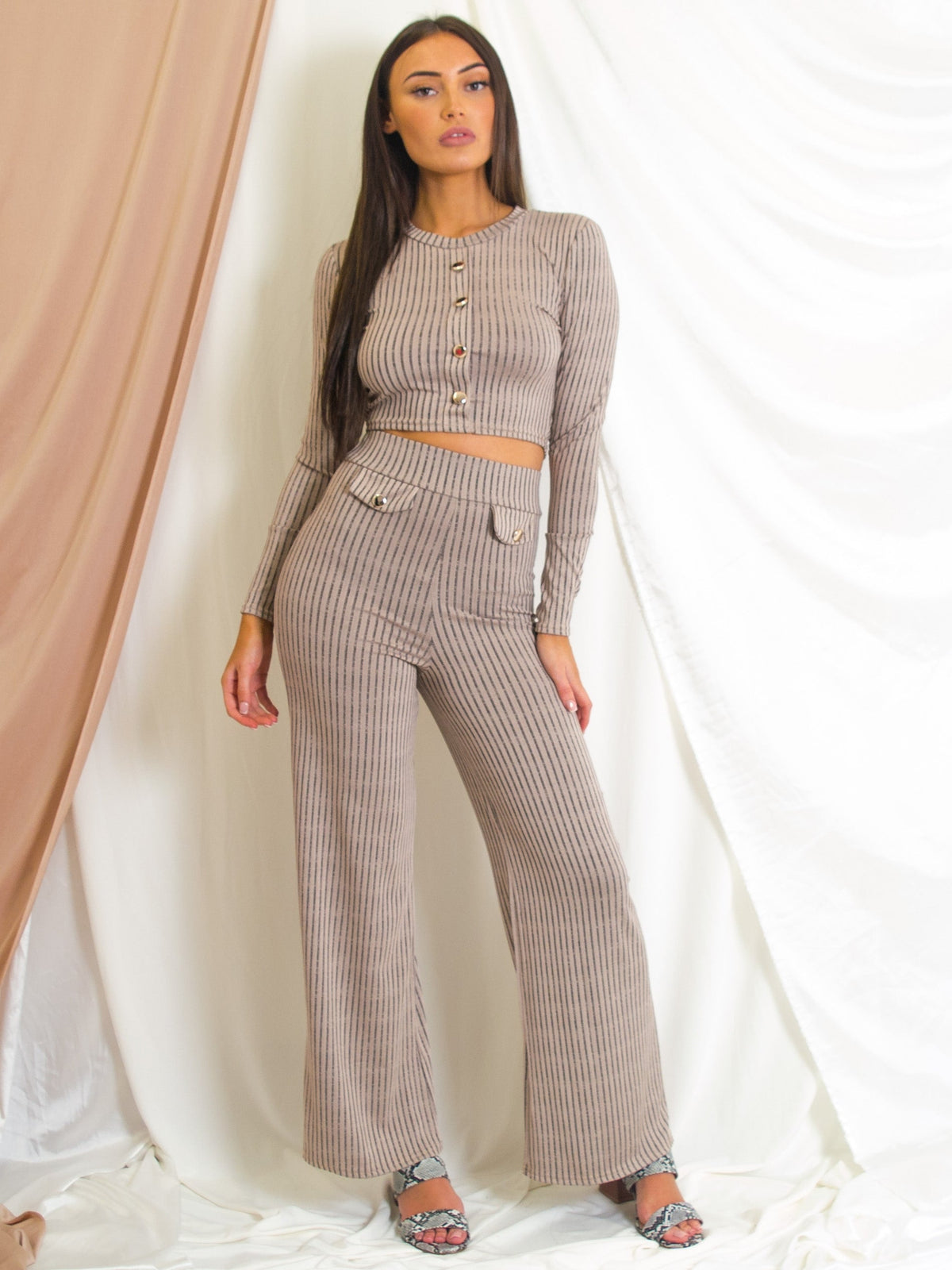 Button Detail Ribbed Melange Knit Co-ord
