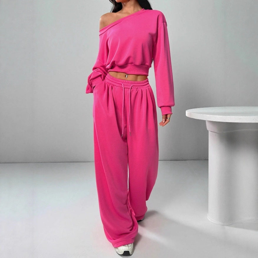 Women's Fashion Slim-fit Off-the-shoulder Navel Solid Color Casual Pants Suit