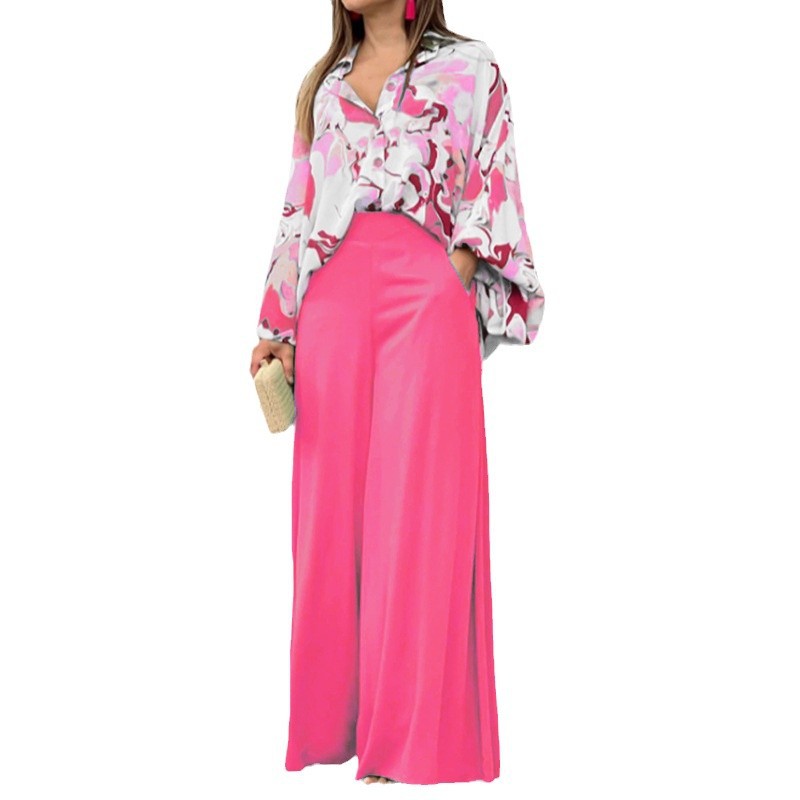 Loose And Elegant Casual Printed Shirt Top Wide Leg Pants Fashion Suit