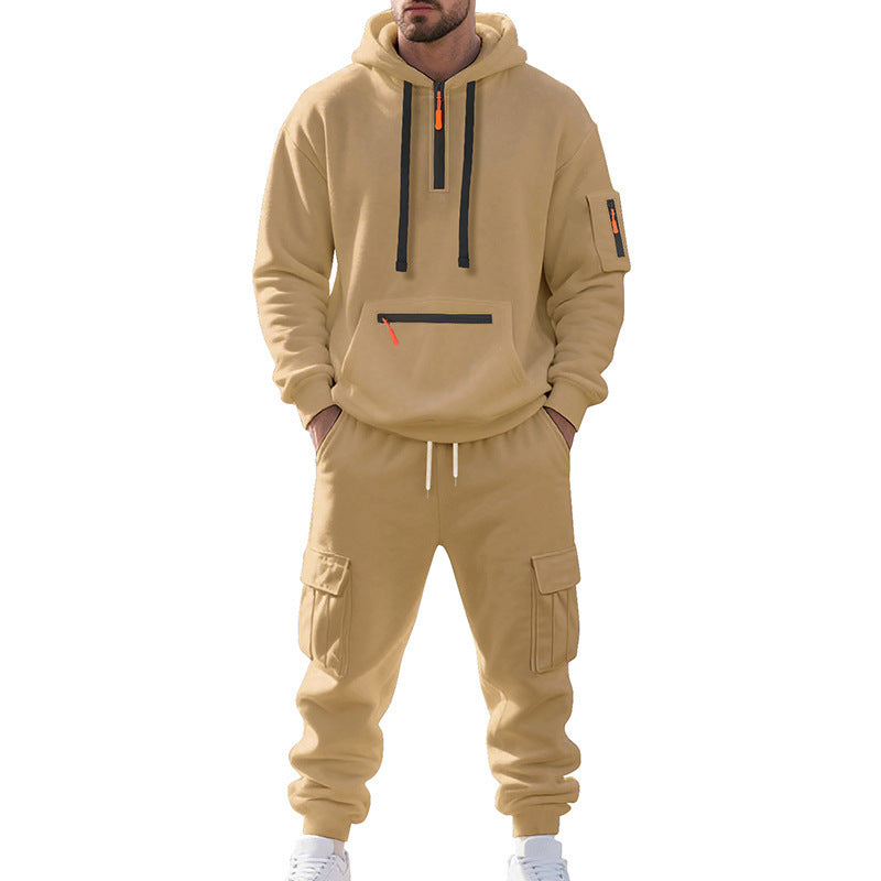 Men's Loose Sports And Leisure Suit Sweater Fleece-lined Hoodie Set Zipper Multi-Pocket Pullover Men's Sports Casual Top Two-piece Set