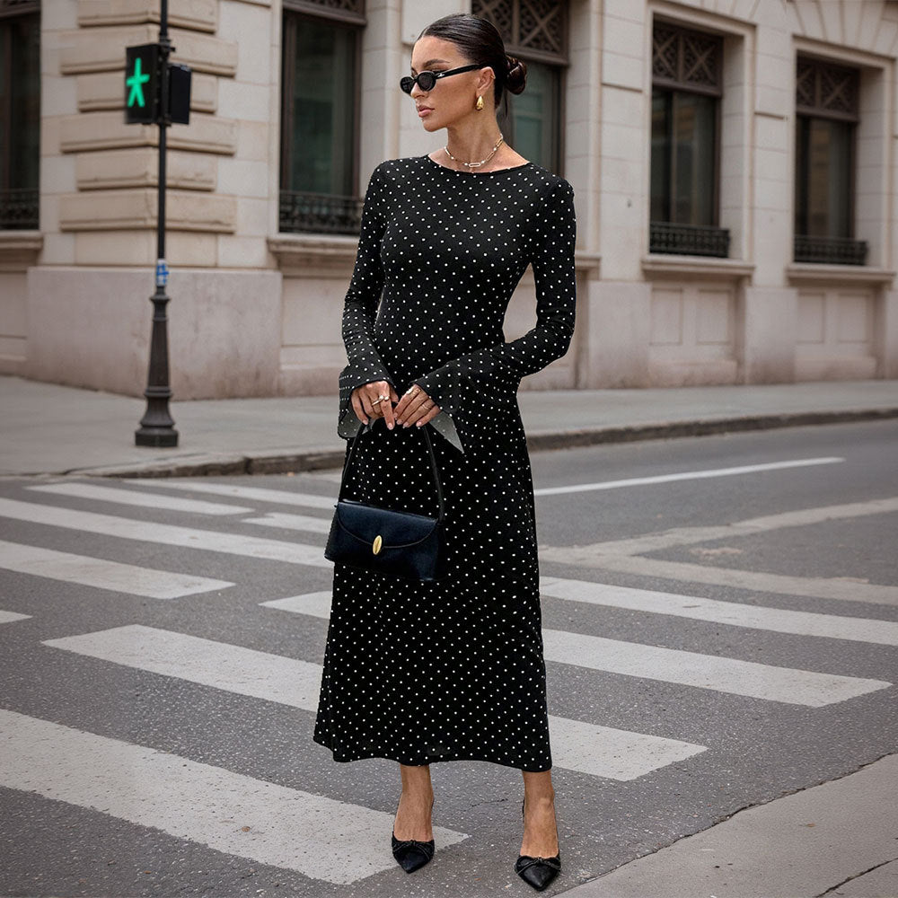 Socialite-style Black Polka-dot Dress For Women Autumnwinter Long-sleeve Ultra-low Back Figure-hugging With Tie-back Detail And Maxi Length