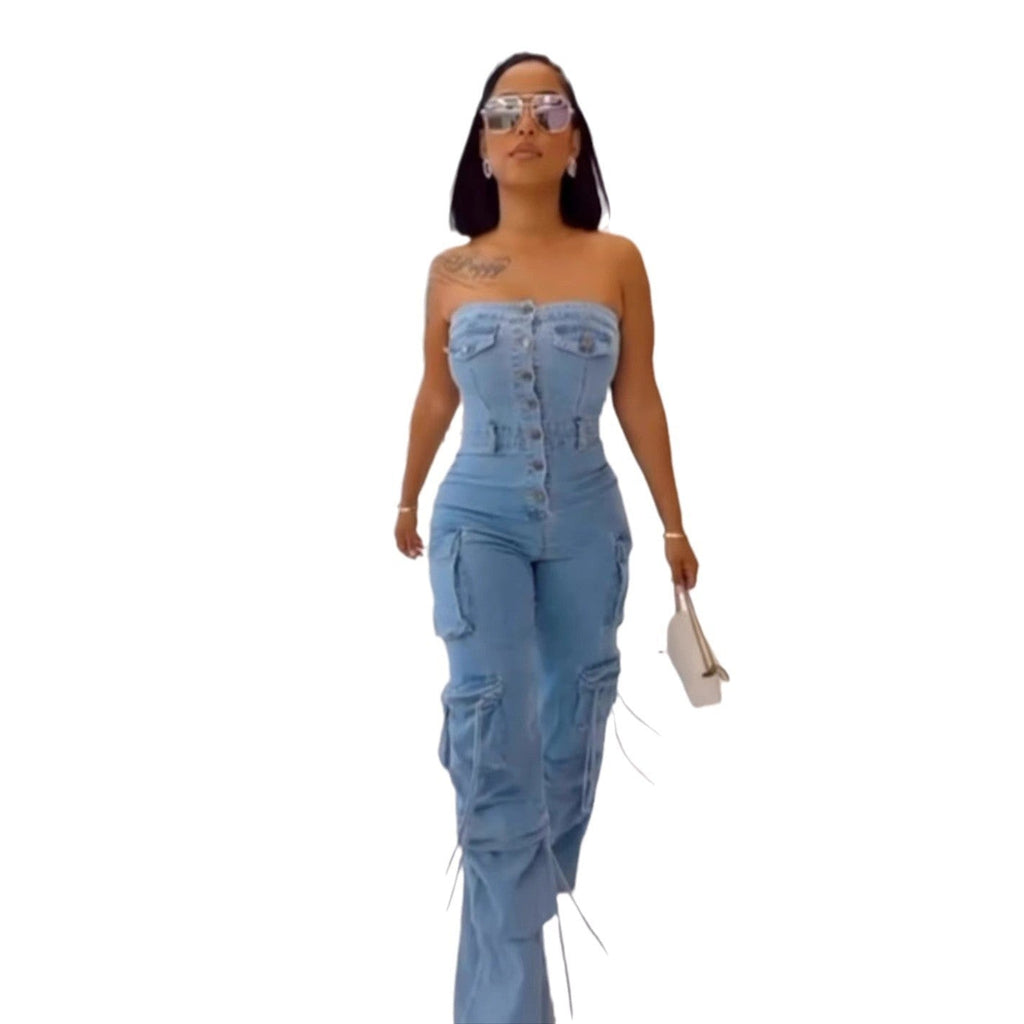 Tube Top Multi-pocket Workwear Jumpsuit Multi-button
