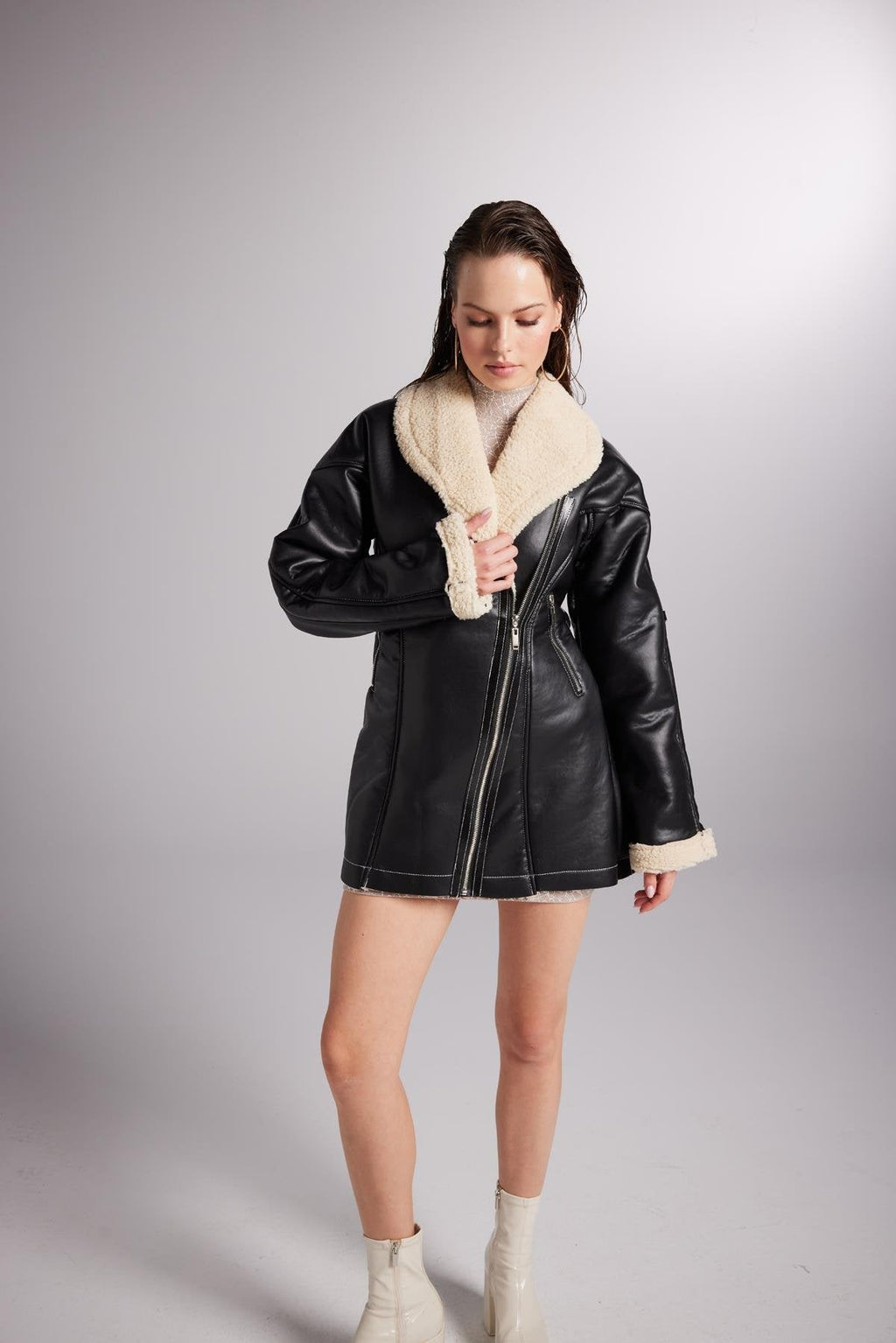 Monero Black Vegan Faux Leather Coat with Fur Lining